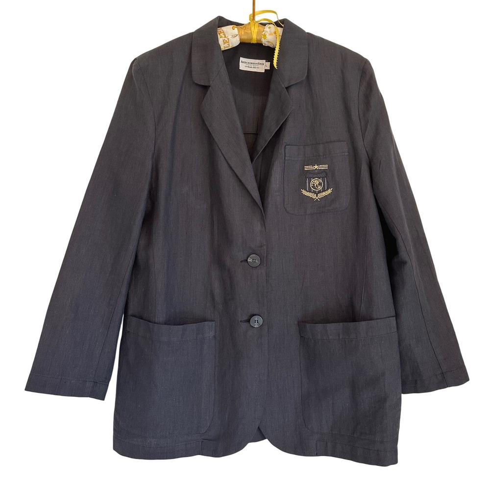 Vintage Abercrombie & Fitch Y2K Linen Blend Womens Sz LNavy Blazer Crest USA